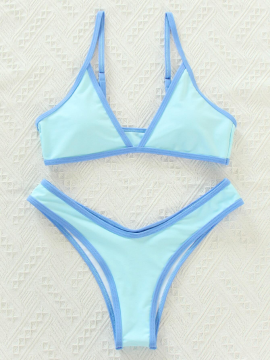 Contrast Binding High Cut Bikini Swimsuit