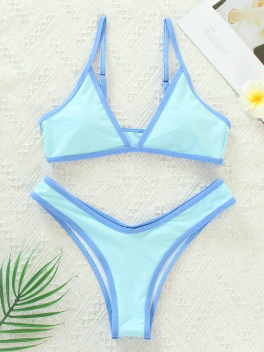 Contrast Binding High Cut Bikini Swimsuit