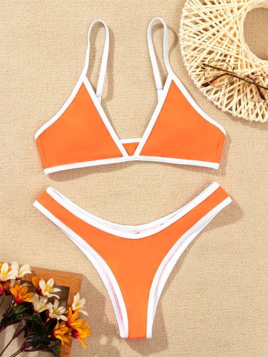 Contrast Binding High Cut Bikini Swimsuit