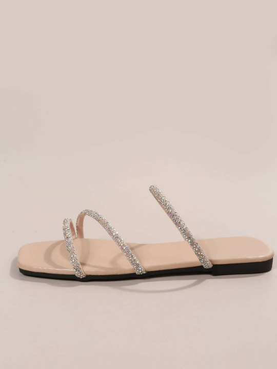 Women  Apricot Rhinestone Decor Flat Sandals, Open Toe Mules For Daily Wear