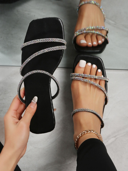 Women Rhinestone Decor Flat Sandals, Glamorous Glass Slide Sandals For Summer