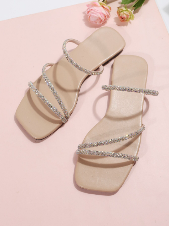 Women  Apricot Rhinestone Decor Flat Sandals, Open Toe Mules For Daily Wear