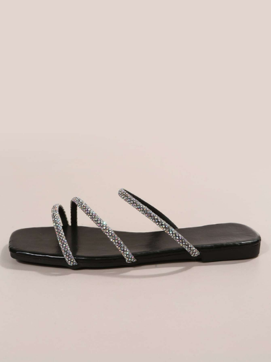 Women Rhinestone Decor Flat Sandals, Glamorous Glass Slide Sandals For Summer