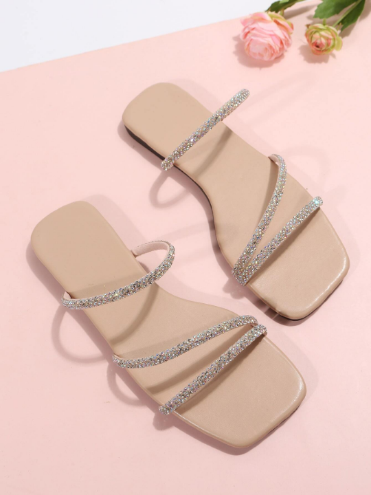 Women  Apricot Rhinestone Decor Flat Sandals, Open Toe Mules For Daily Wear