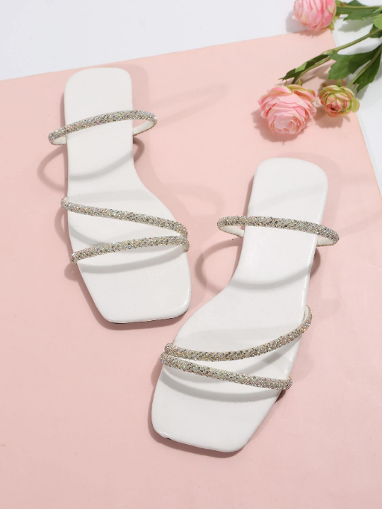 Women Rhinestone Decor Flat Sandals, Glamorous Glass Slide Sandals For Summer