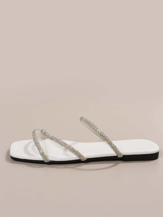 Women Rhinestone Decor Flat Sandals, Glamorous Glass Slide Sandals For Summer