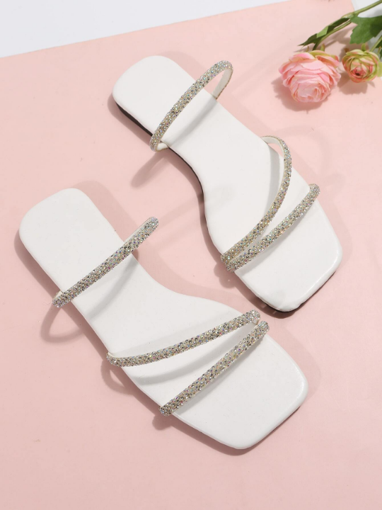 Women Rhinestone Decor Flat Sandals, Glamorous Glass Slide Sandals For Summer