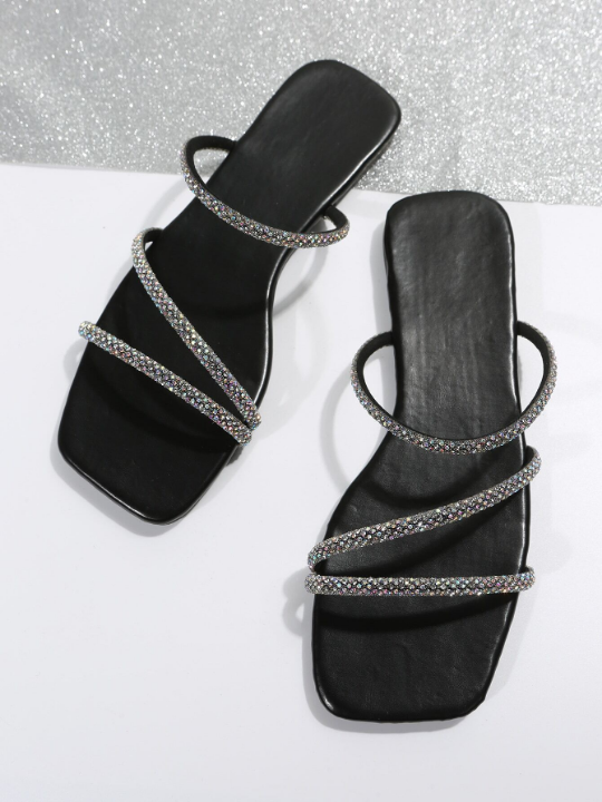 Women Rhinestone Decor Flat Sandals, Glamorous Glass Slide Sandals For Summer