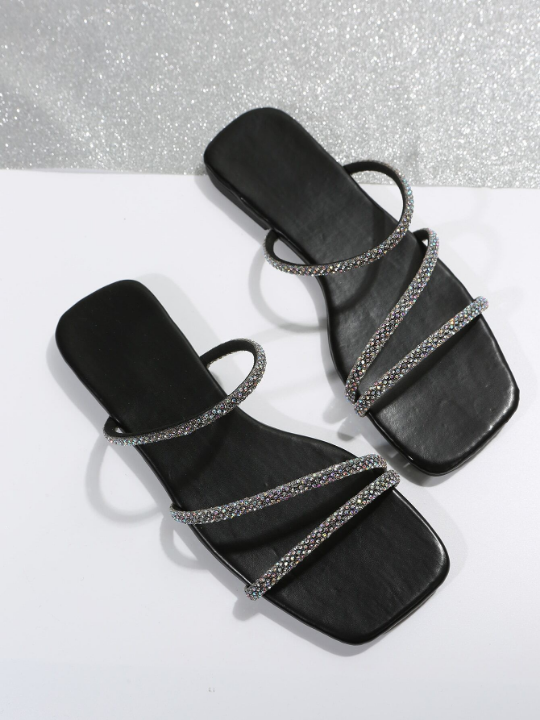 Women Rhinestone Decor Flat Sandals, Glamorous Glass Slide Sandals For Summer