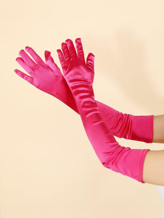 1 Pair Ladies' Fuchsia Long Satin Gloves, Elegant & Simple, Suitable For Daily Dancing Parties And Stage Performances