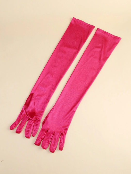 1 Pair Ladies' Fuchsia Long Satin Gloves, Elegant & Simple, Suitable For Daily Dancing Parties And Stage Performances