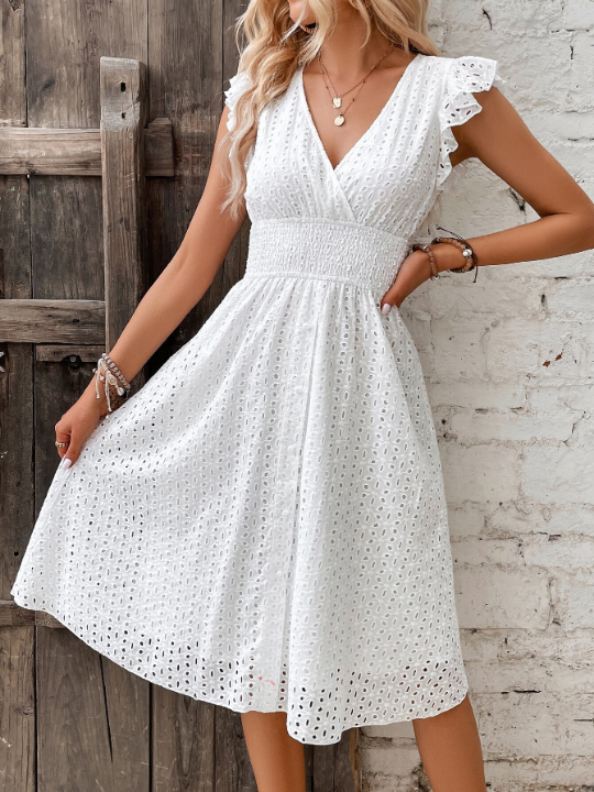 VCAY Eyelet Embroidery Ruffle Trim Dress