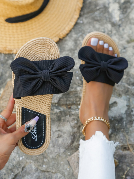 Women Bow Decor Single Band Slides, Vacation Fabric Black Slippers