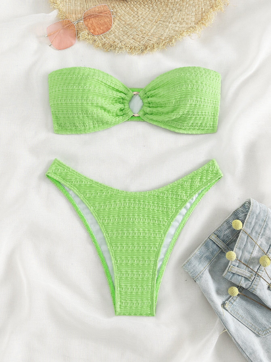 Swim Basics Textured Bikini Ring Linked Bandeau Bra & Bikini Bottom 2 Piece Bathing Suit