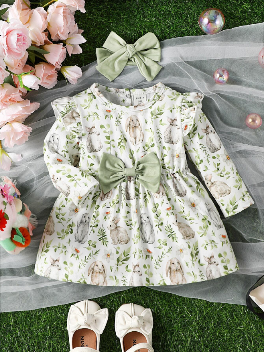 Baby Girl Rabbit & Floral Print Ruffle Trim Bow Front Dress