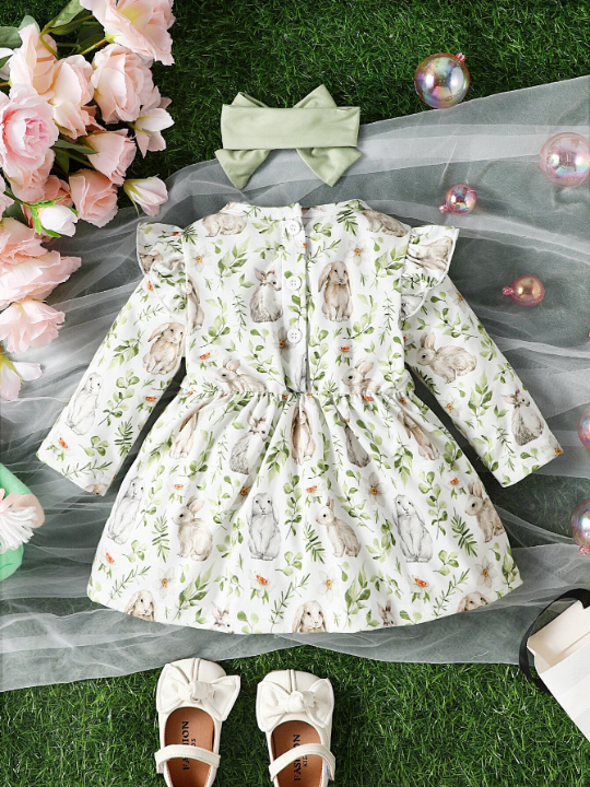 Baby Girl Rabbit & Floral Print Ruffle Trim Bow Front Dress