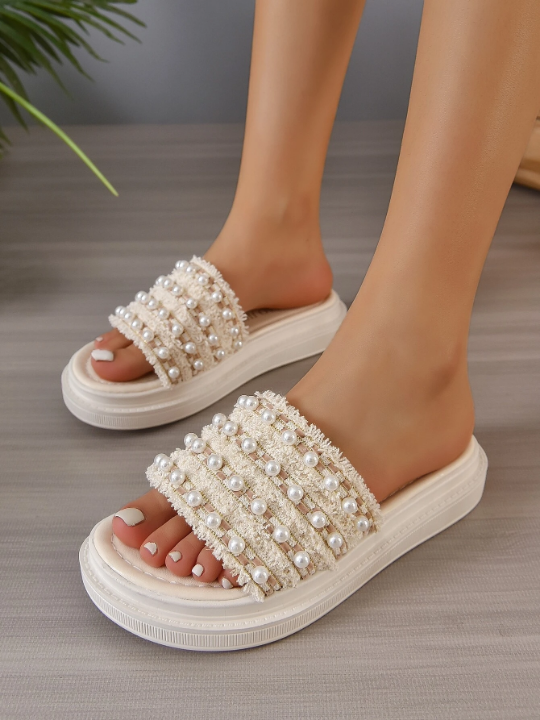 Women Faux Pearl Decor Wedge Slide Sandals, Fashion Summer Sandals