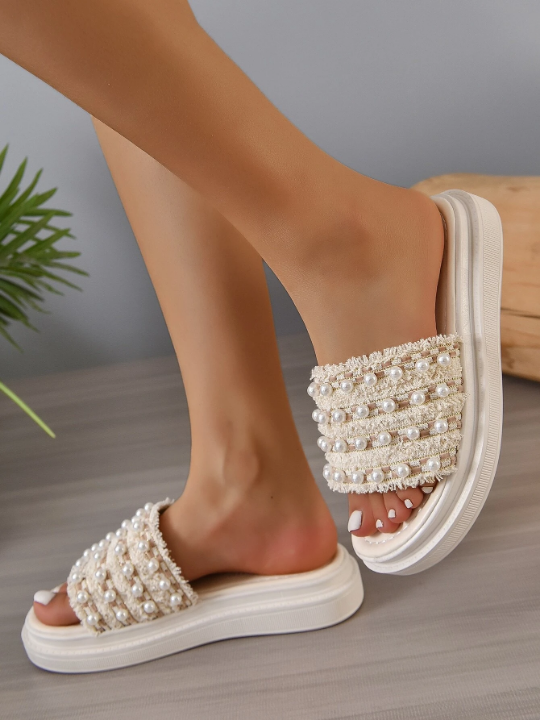 Women Faux Pearl Decor Wedge Slide Sandals, Fashion Summer Sandals