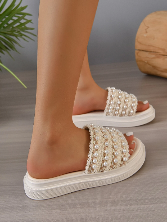 Women Faux Pearl Decor Wedge Slide Sandals, Fashion Summer Sandals