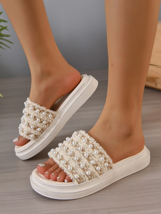 Women Faux Pearl Decor Wedge Slide Sandals, Fashion Summer Sandals