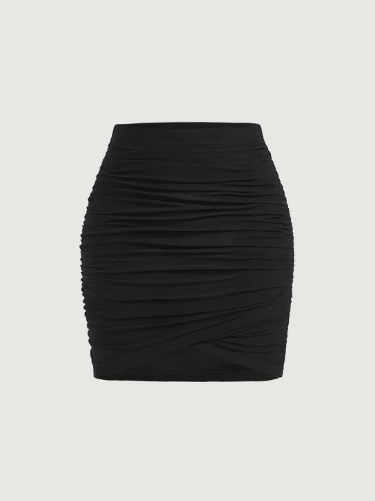 MOD Solid Ruched Wrap Bodycon Slim Fit Date Night Black Skirt