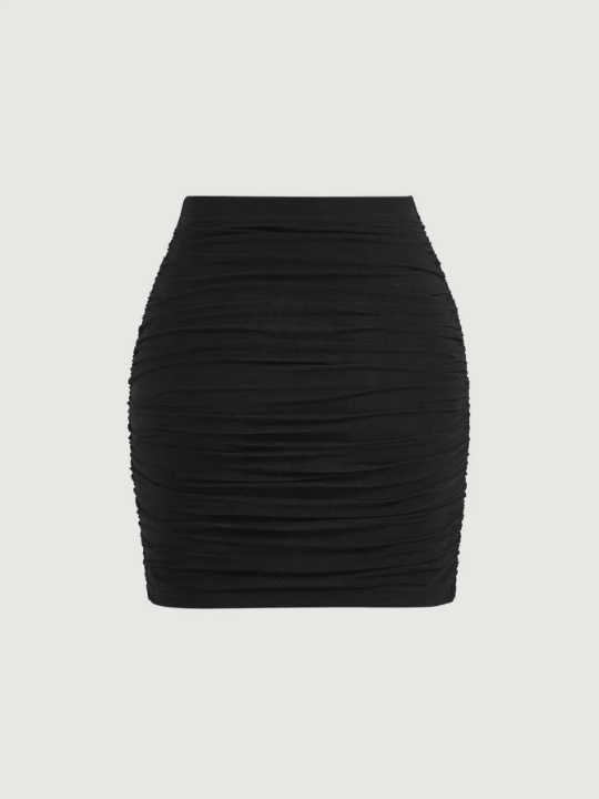 MOD Solid Ruched Wrap Bodycon Slim Fit Date Night Black Skirt