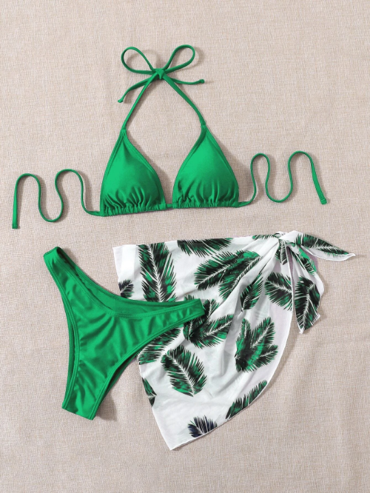 Swim Vcay Tropical Print Halter Triangle Bikini Swimsuit With Beach Skirt