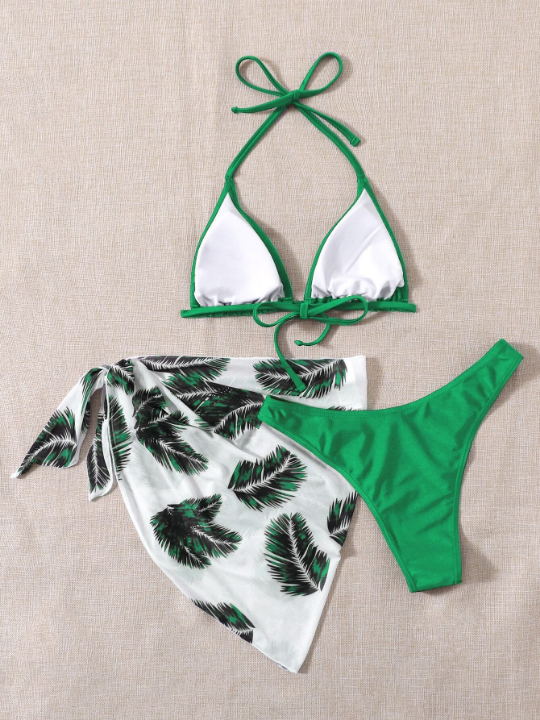 Swim Vcay Tropical Print Halter Triangle Bikini Swimsuit With Beach Skirt