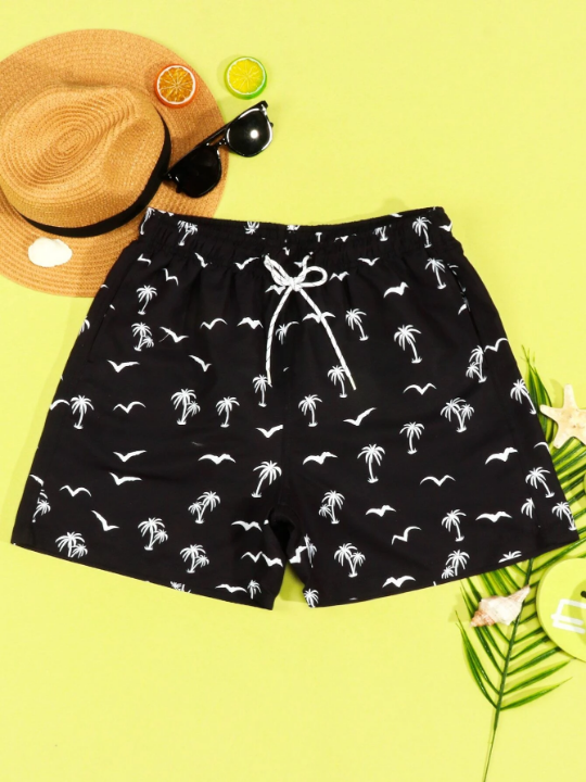 Manfinity Swimmode Men Coconut Tree & Bird Print Drawstring Waist Swim Trunks