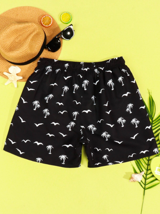 Manfinity Swimmode Men Coconut Tree & Bird Print Drawstring Waist Swim Trunks