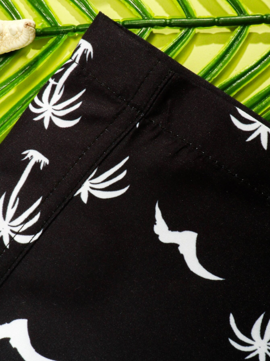 Manfinity Swimmode Men Coconut Tree & Bird Print Drawstring Waist Swim Trunks