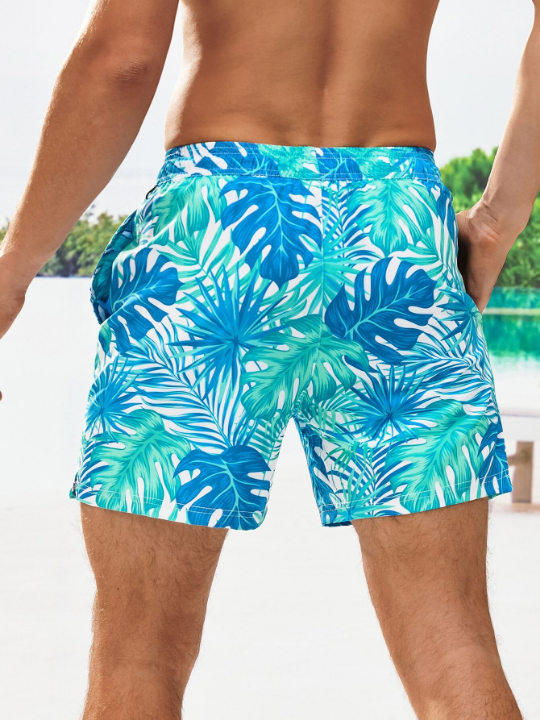 Manfinity Swimmode Men Tropical Print Drawstring Waist Swim Trunks