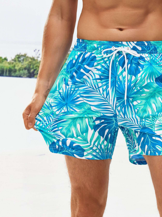 Manfinity Swimmode Men Tropical Print Drawstring Waist Swim Trunks