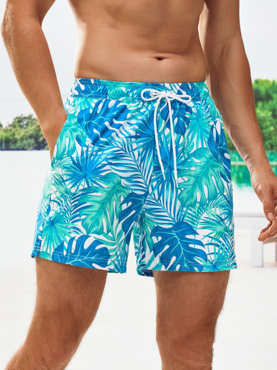 Manfinity Swimmode Men Tropical Print Drawstring Waist Swim Trunks