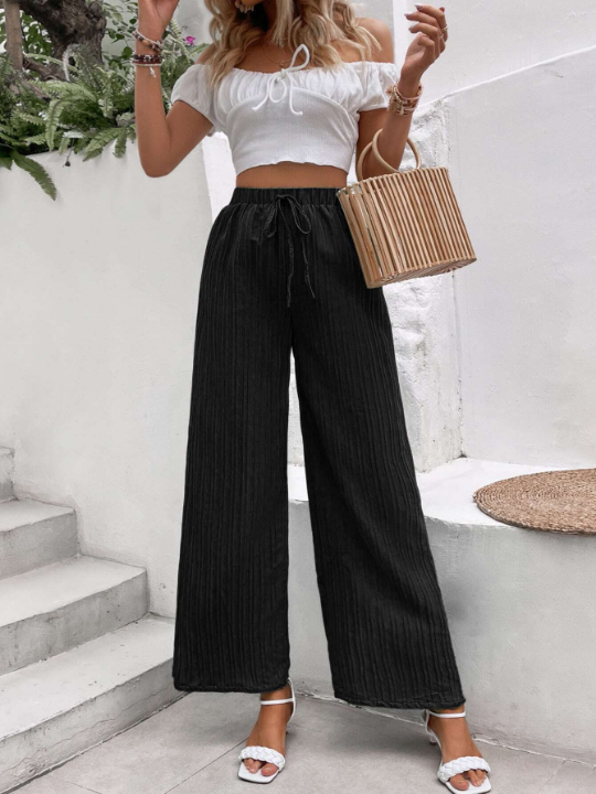 VCAY Solid Knot Front Wide Leg Pants