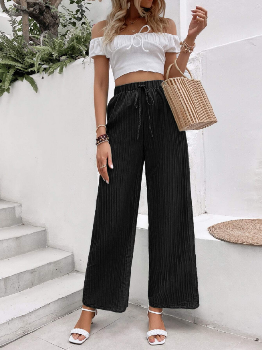 VCAY Solid Knot Front Wide Leg Pants