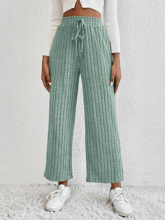 EZwear Solid Tie Waist Wide Leg Pants