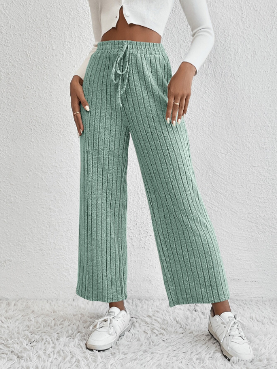 EZwear Solid Tie Waist Wide Leg Pants