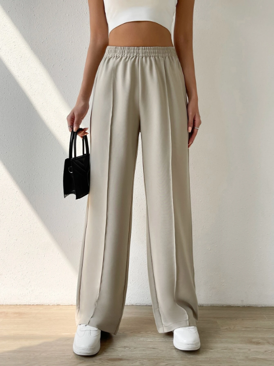 EZwear Solid Elastic Waist Wide Leg Pants