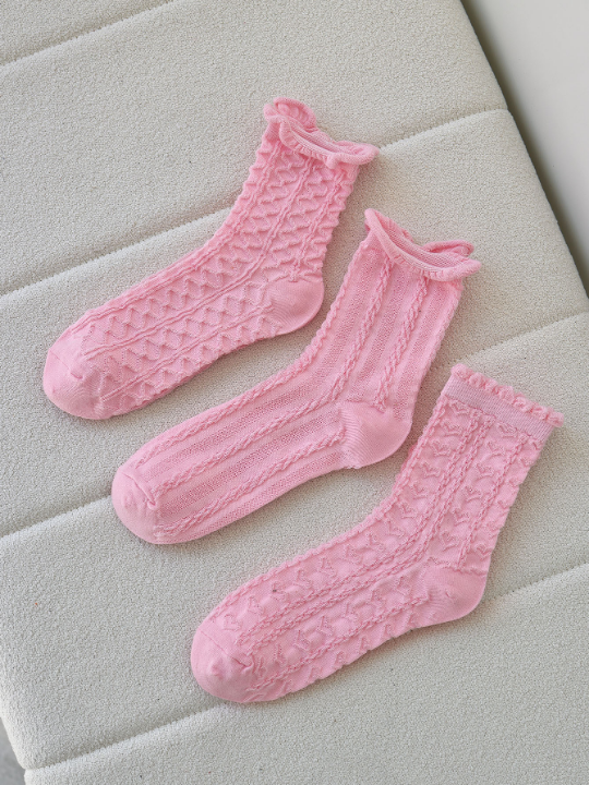 3pairs Women Heart Embroidered Fashionable Crew Socks For Daily Life