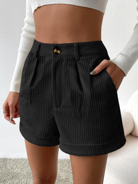 Essnce High Waist Slant Pocket Roll Up Hem Shorts