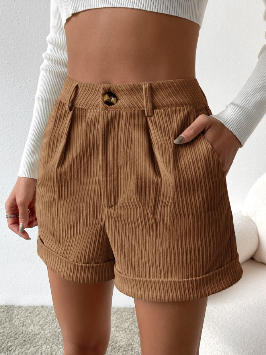 Essnce High Waist Roll Up Hem Corduroy Shorts