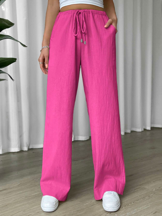 EZwear Linen Drawstring Waist Slant Pocket Wide Leg Pants