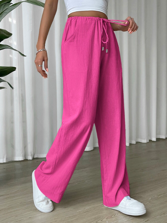 EZwear Linen Drawstring Waist Slant Pocket Wide Leg Pants