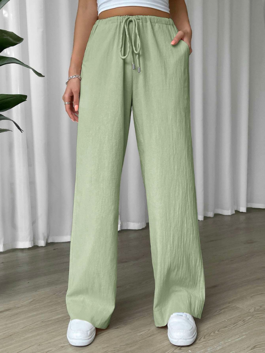 EZwear Linen Drawstring Waist Slant Pocket Wide Leg Pants