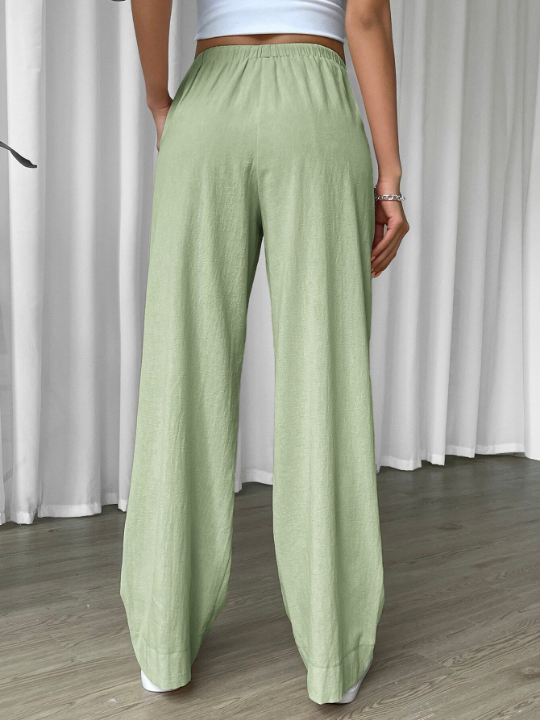 EZwear Linen Drawstring Waist Slant Pocket Wide Leg Pants