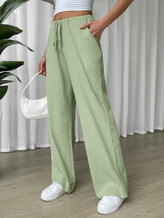 EZwear Linen Drawstring Waist Slant Pocket Wide Leg Pants