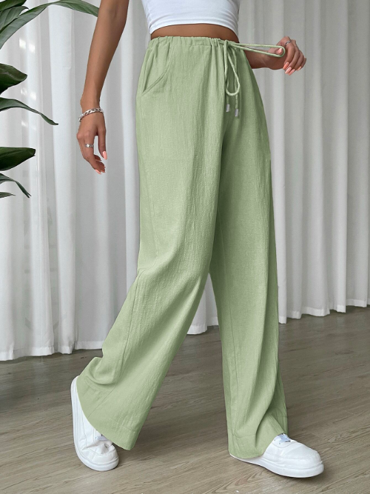 EZwear Linen Drawstring Waist Slant Pocket Wide Leg Pants