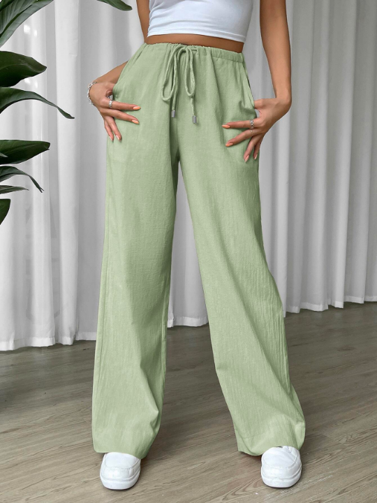 EZwear Linen Drawstring Waist Slant Pocket Wide Leg Pants