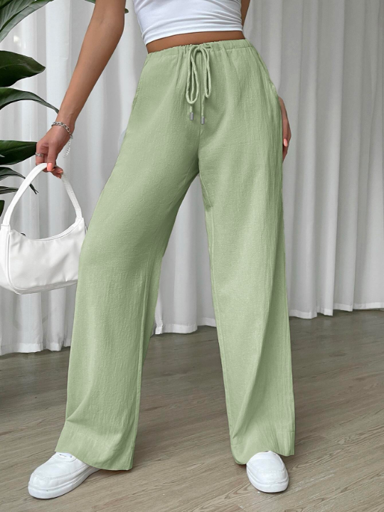 EZwear Linen Drawstring Waist Slant Pocket Wide Leg Pants